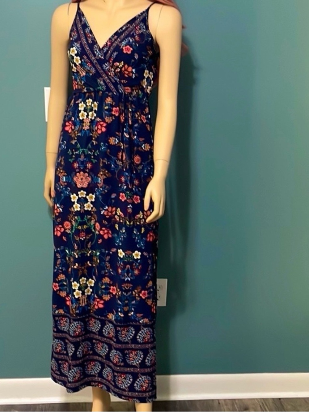 Monteau Navy Floral Maxi Dress with Spaghetti Straps